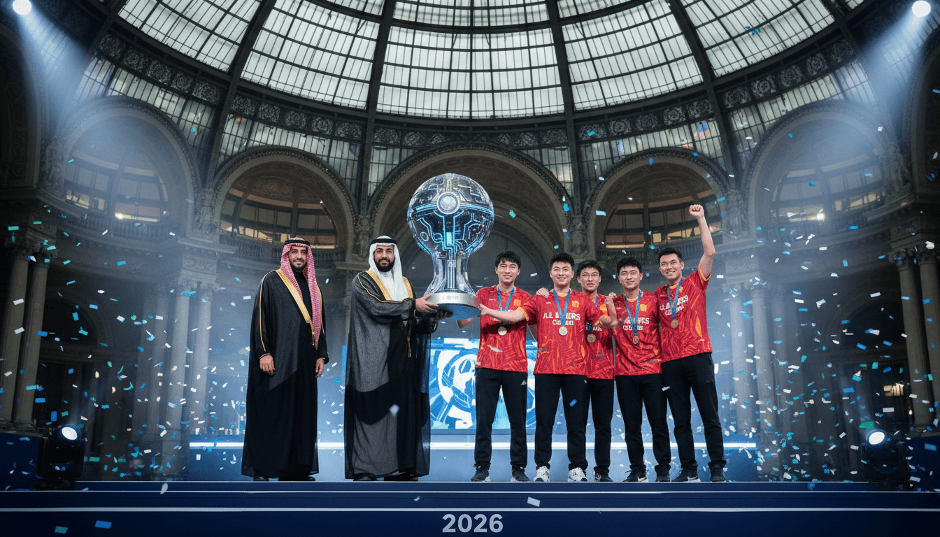 Saudi Crown Prince and French President presenting the Esports World Cup trophy to AG.AL in Paris.