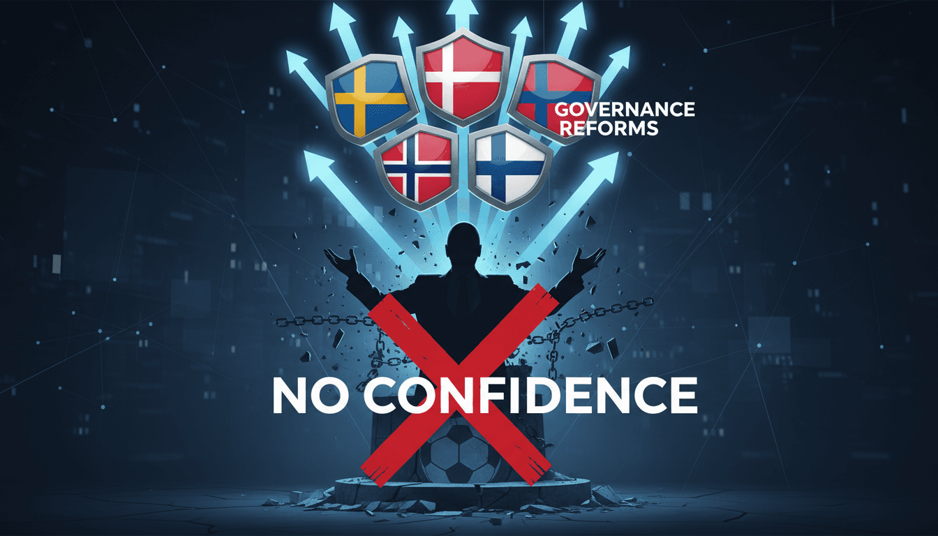 A graphic depicting the governance crisis in FIFA, focusing on the Nordic associations' loss of confidence in Gianni Infantino.