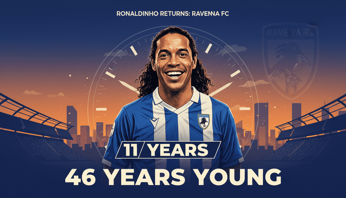 Ronaldinho in Ravenna FC jersey, celebrating his return to professional football at age 46.