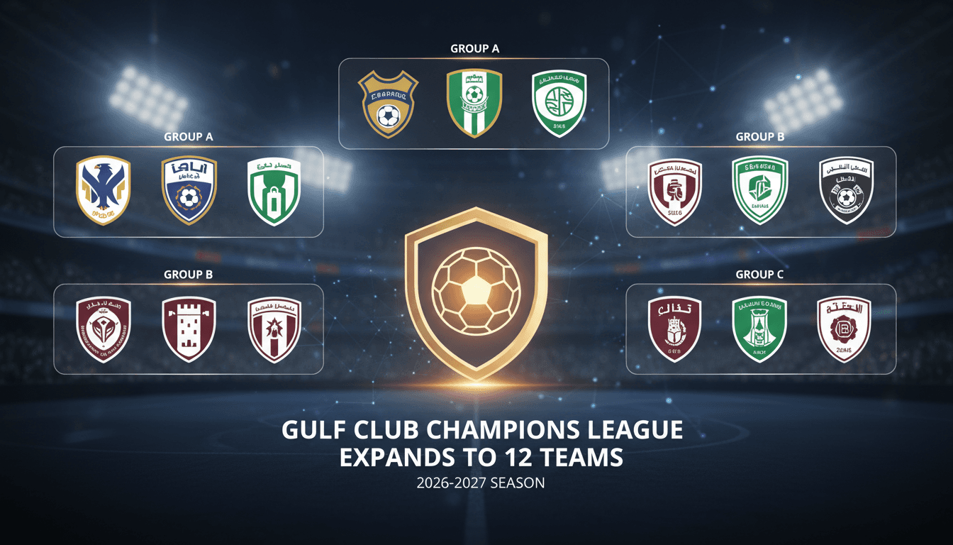 Graphic showing the 12 clubs in the Gulf Club Champions League and their group assignments.