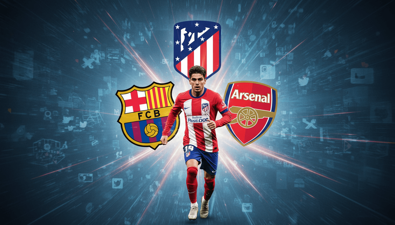 Julián Álvarez in action, surrounded by logos of Atlético Madrid, FC Barcelona, and Arsenal, highlighting transfer speculation.