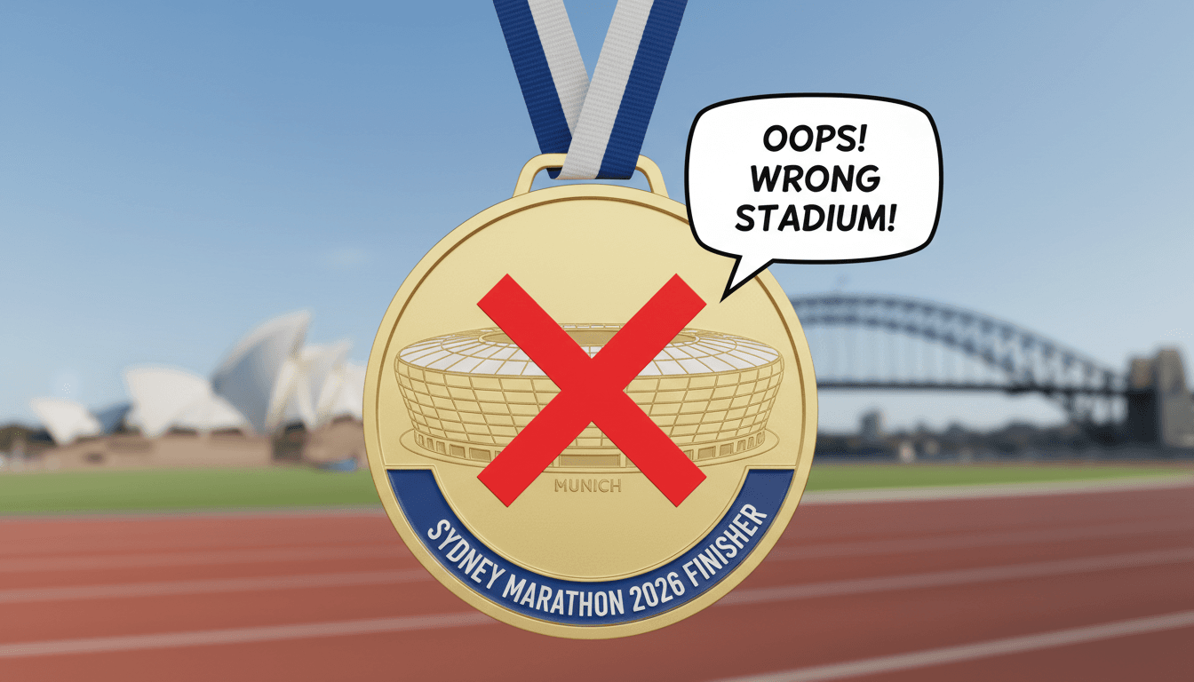 The 2026 Sydney Marathon medal featuring an engraving error with Munich's Allianz Arena instead of Sydney's Allianz Stadium.