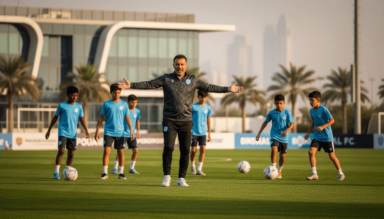 Andres Iniesta coaching young players at Gulf United FC in Dubai, highlighting his new role in UAE football.