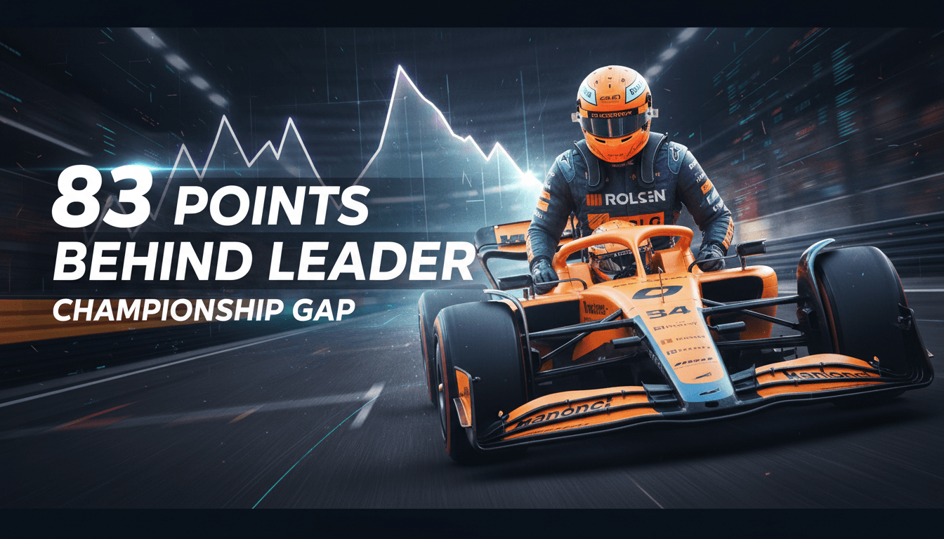 Lando Norris driving his McLaren car, emphasizing the 83-point deficit in the F1 championship standings.