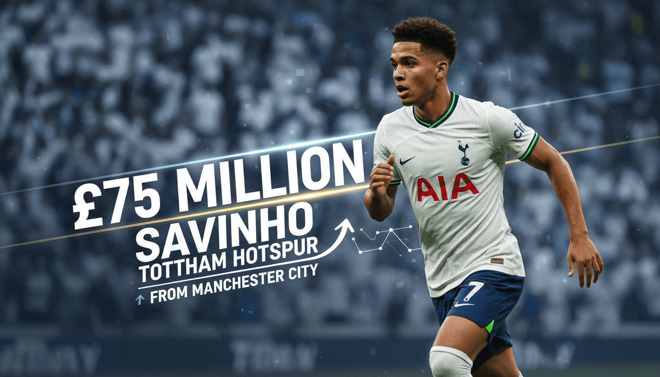 Savinho in Tottenham Hotspur colors with a £75 million transfer fee overlay.