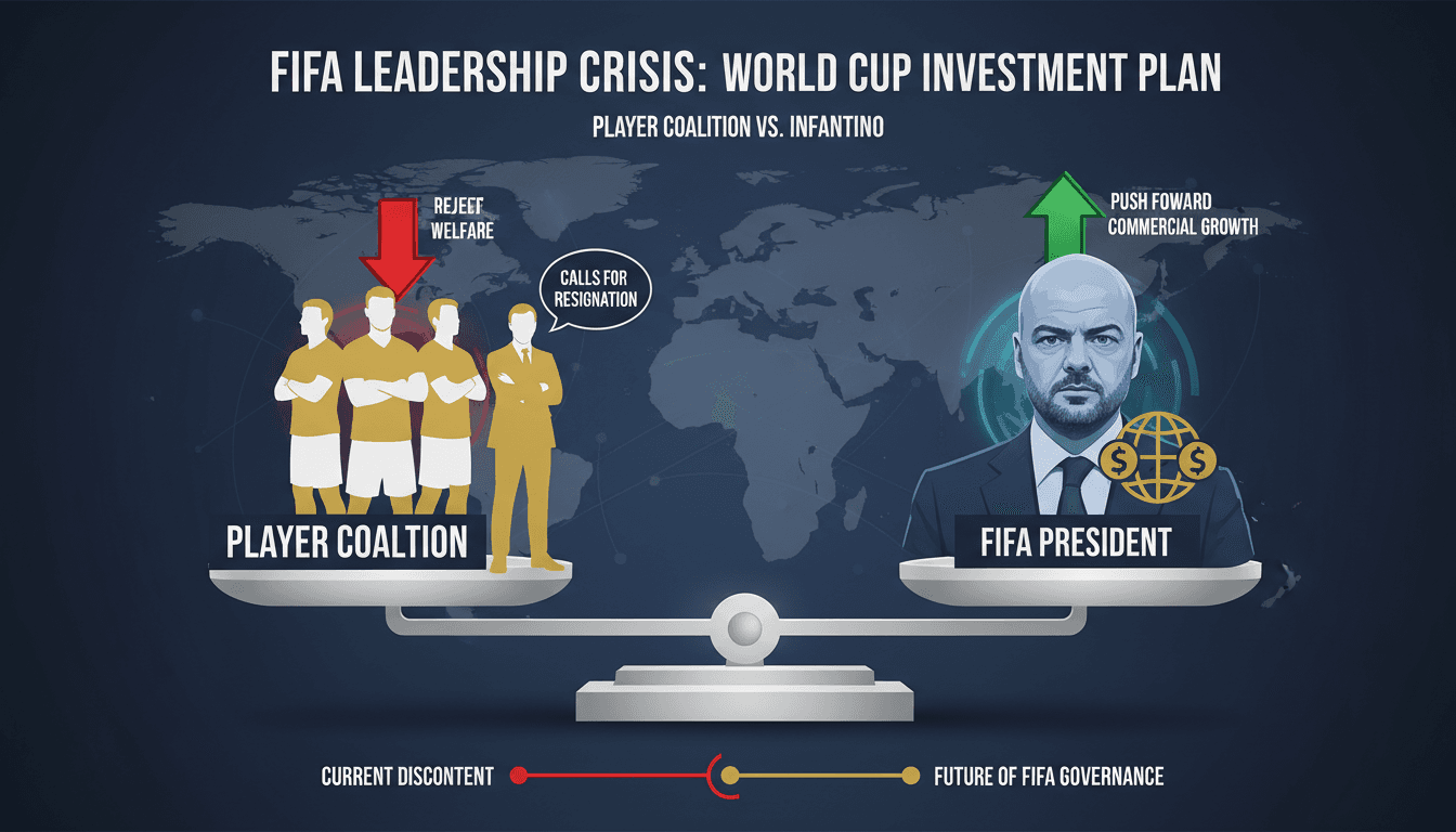 Infographic showing FIFA leadership crisis, key players, and investment plan implications.
