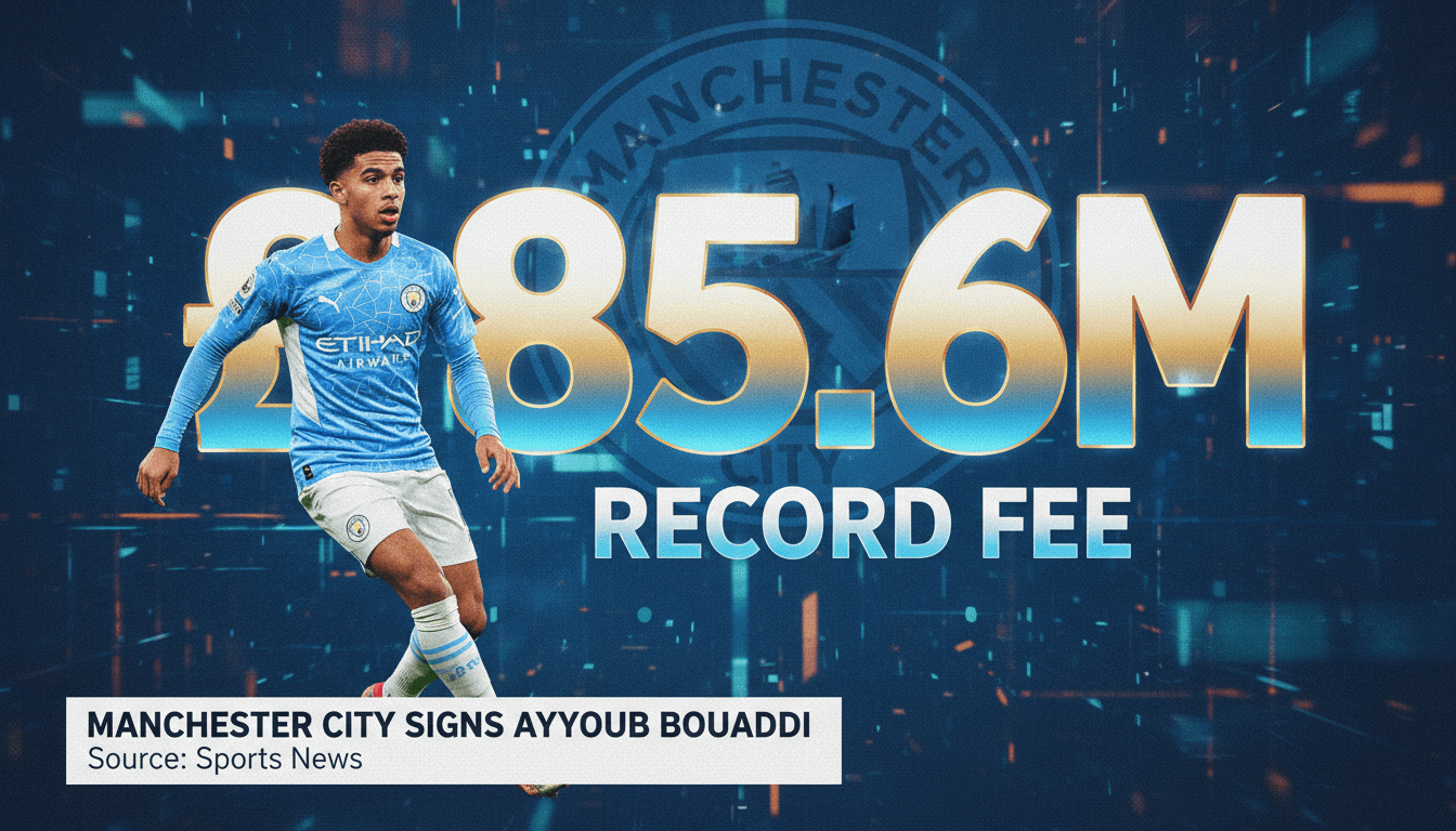 Ayyoub Bouaddi in Manchester City kit, celebrating his record transfer from Lille for £85.6 million.