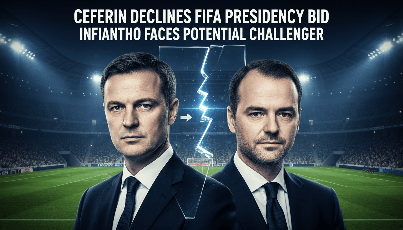 Aleksander Ceferin and Gianni Infantino on a football pitch, highlighting the FIFA leadership transition.