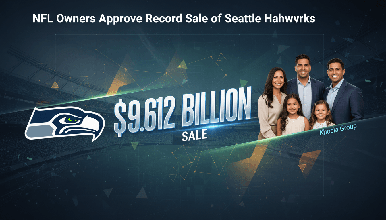 A graphic showing the $9.612 billion sale of the Seattle Seahawks, featuring the team logo and Khosla family images.