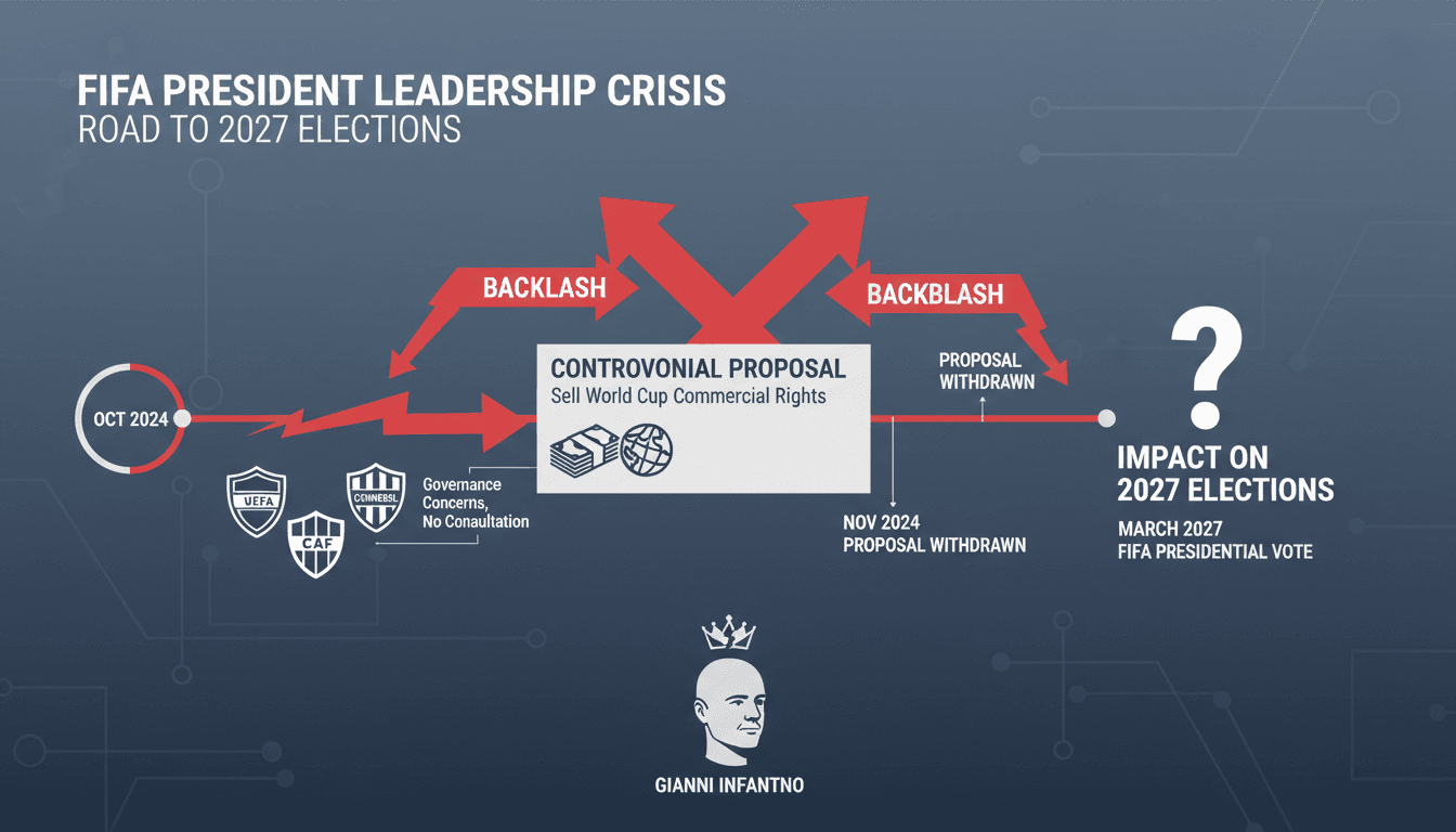 Infographic detailing FIFA President Gianni Infantino's leadership crisis and upcoming elections.