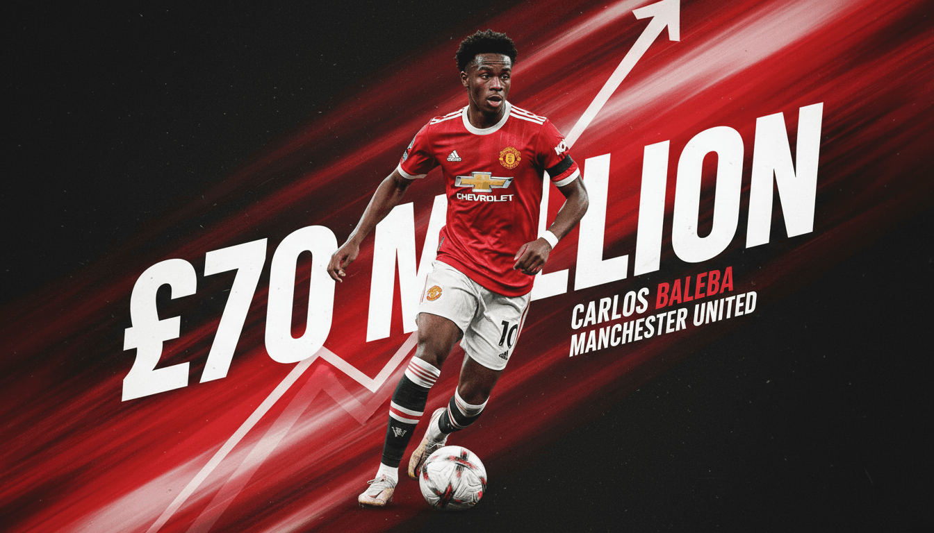 Carlos Baleba in Manchester United kit, highlighting his £70 million transfer fee.