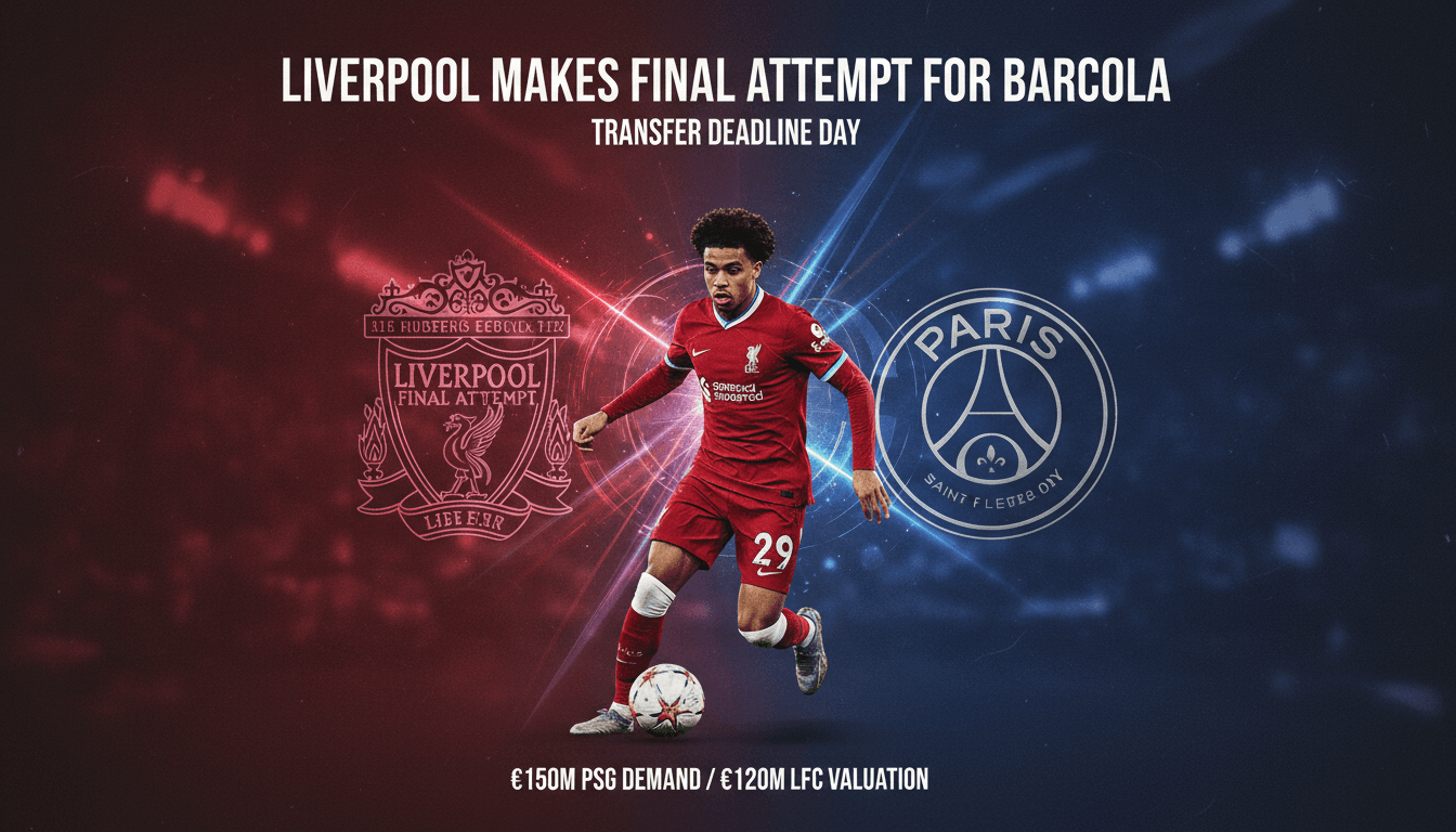 Bradley Barcola in action, with Liverpool and PSG logos in the background.