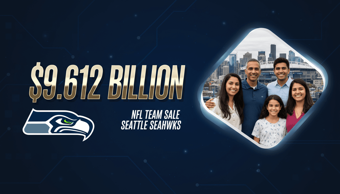 A graphic depicting the $9.612 billion sale of the Seattle Seahawks, featuring the Khosla family and team imagery.