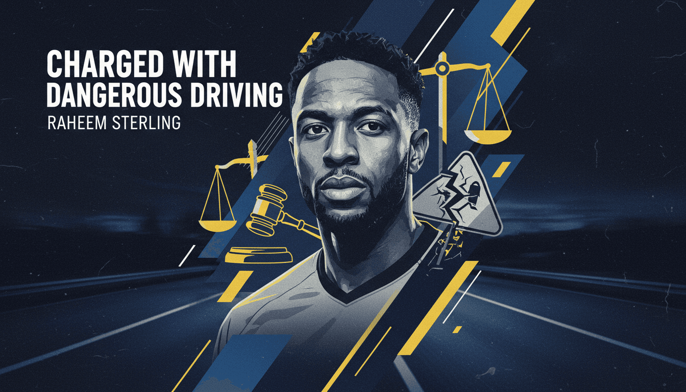 Raheem Sterling with legal symbols, highlighting his dangerous driving charges.