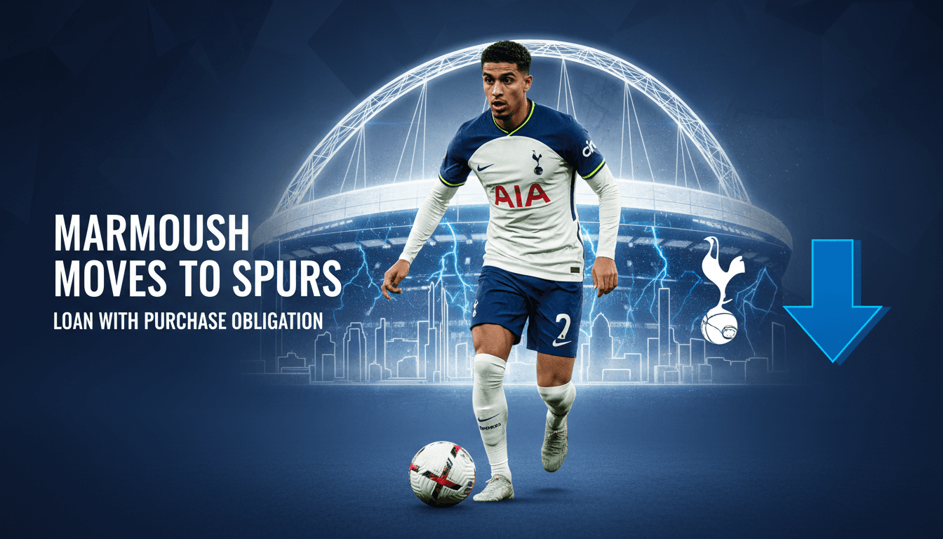 Omar Marmoush in Tottenham Hotspur kit, celebrating his transfer from Manchester City.