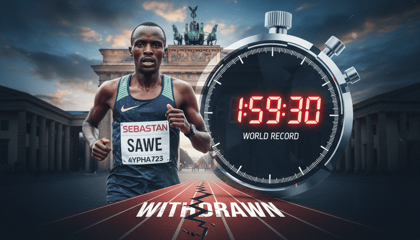 Sebastian Sawe, the Kenyan marathon world record holder, with a stopwatch showing his record time of 1:59:30.
