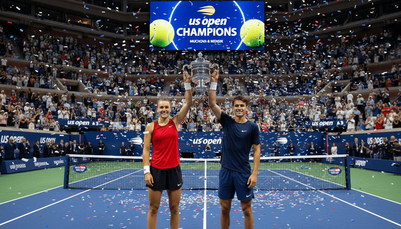 Muchova and Mensik celebrating their US Open mixed doubles victory with the trophy.