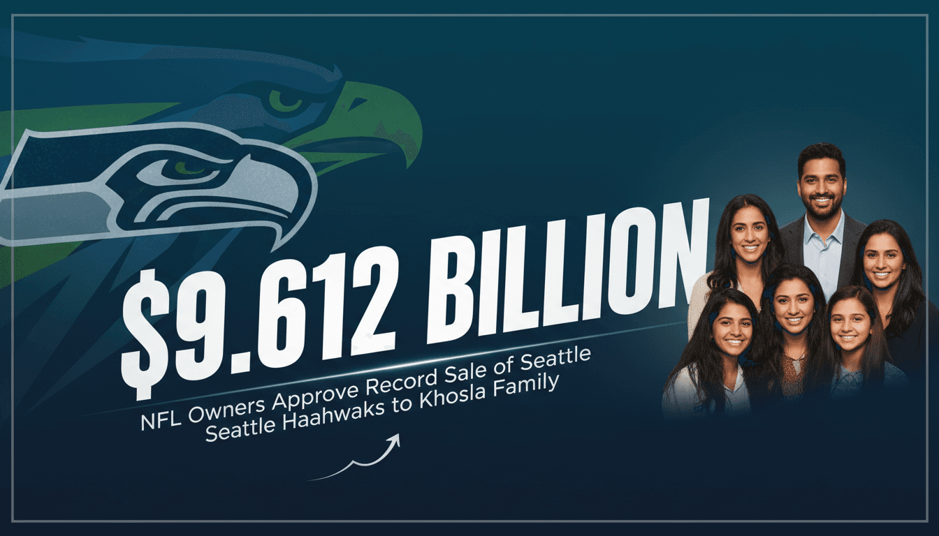 The Seattle Seahawks logo with a bold $9.612 billion sale price overlay.