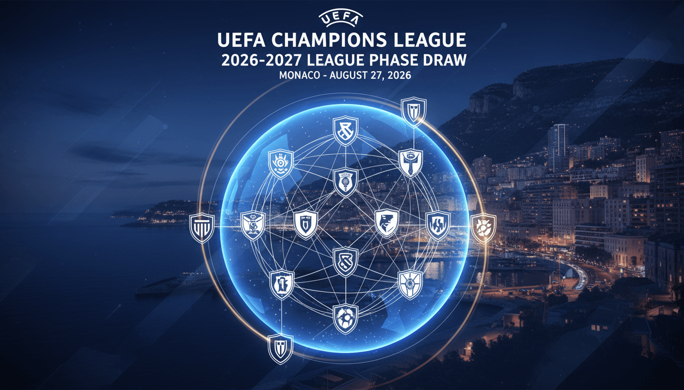 Graphic showing the UEFA Champions League 2026-2027 draw with team matchups and key fixtures.