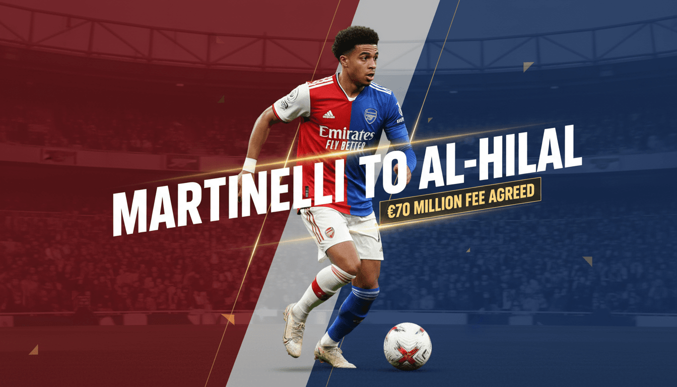 Gabriel Martinelli in action, highlighting his upcoming transfer to Al-Hilal for 70 million euros.
