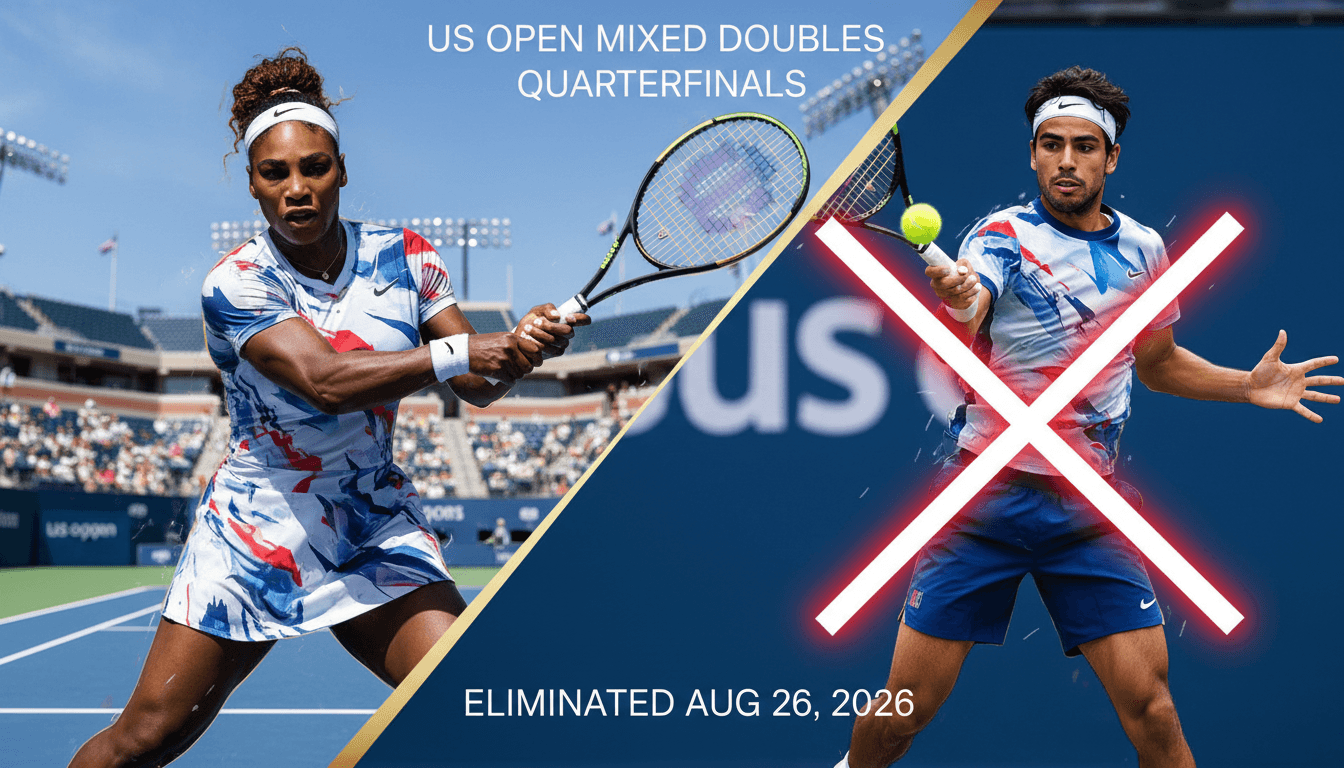 Serena Williams and Carlos Alcaraz competing in the US Open mixed doubles, showcasing their elite tennis skills.