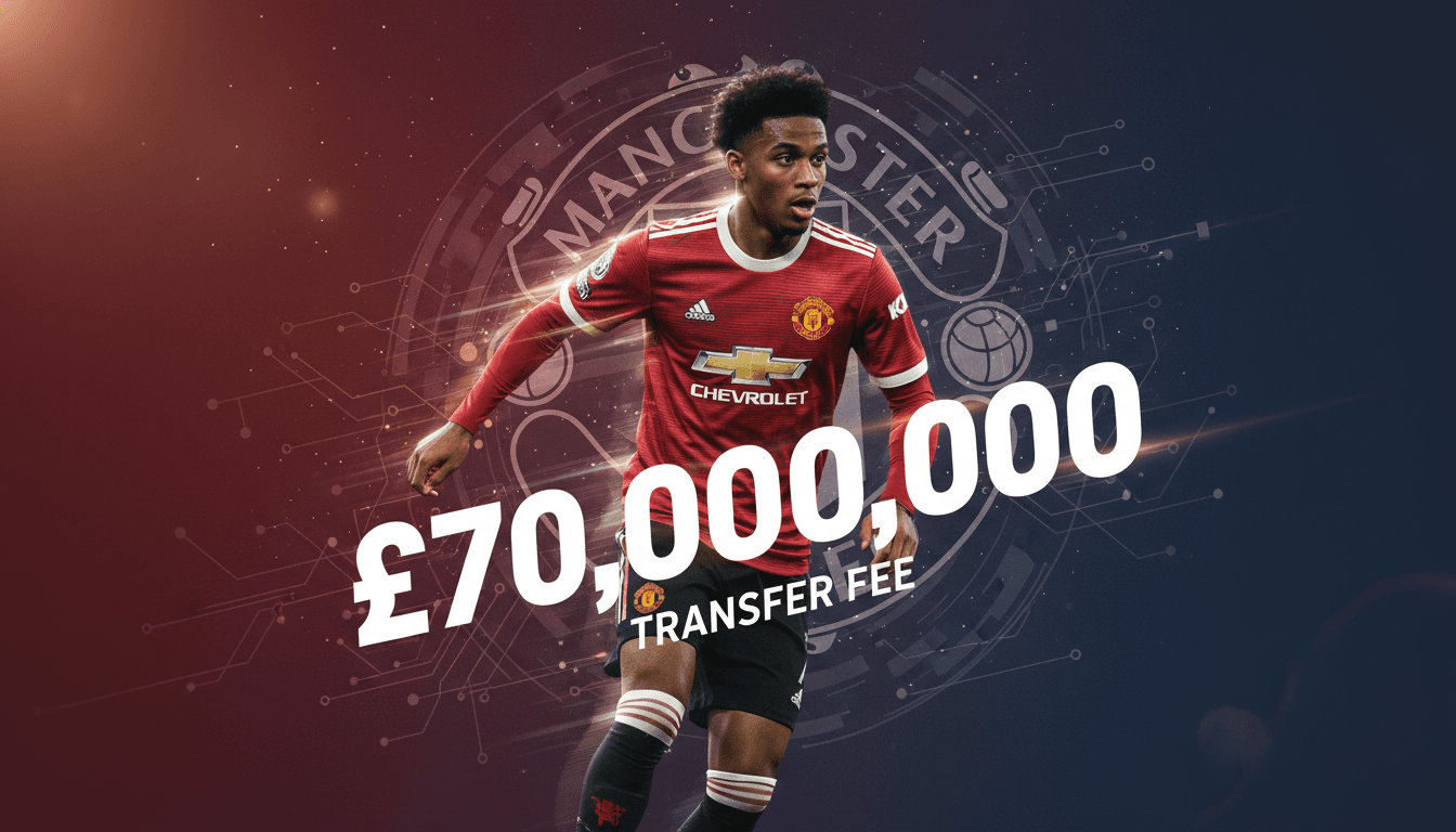 Carlos Baleba in Manchester United kit, highlighting his £70 million transfer from Brighton.