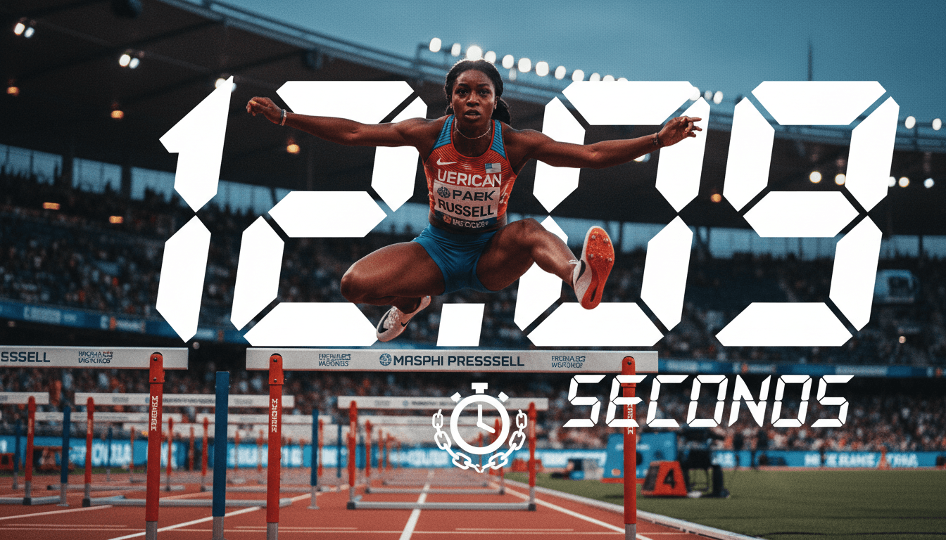 Masai Russell in action during the 100m hurdles, showcasing her record-breaking time of 12.09 seconds.