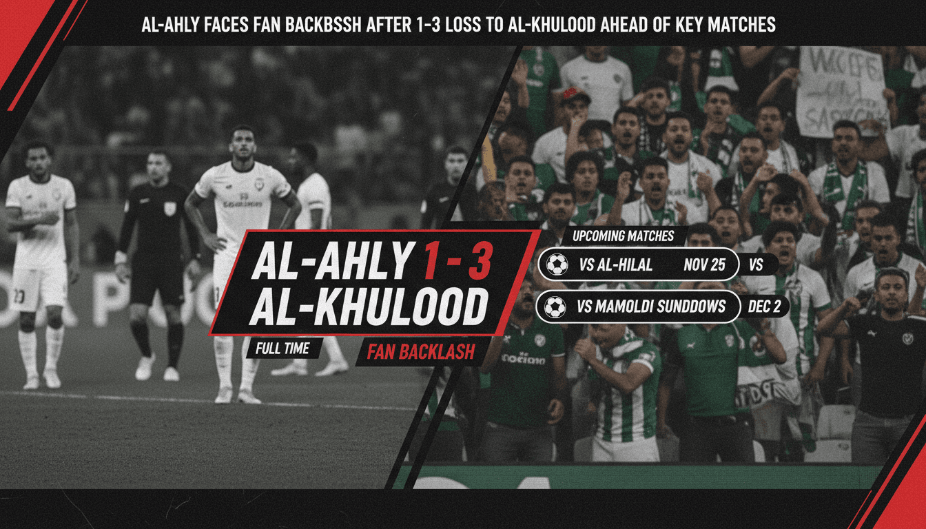 Al-Ahli fans reacting to the team's 1-3 loss against Al-Khulood, highlighting the pressure on the squad.