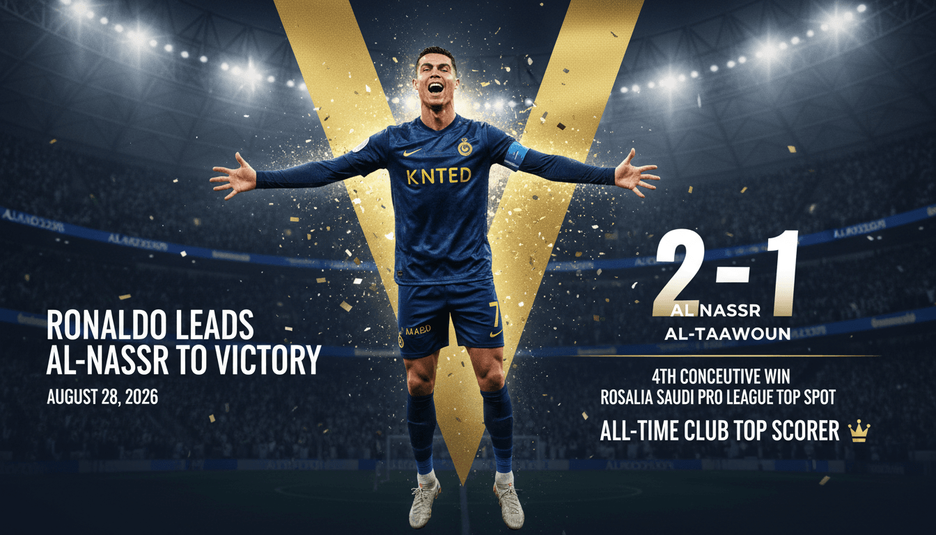 Cristiano Ronaldo celebrating his winning goal for Al-Nassr, highlighting his record of 104 goals in the Saudi Pro League.
