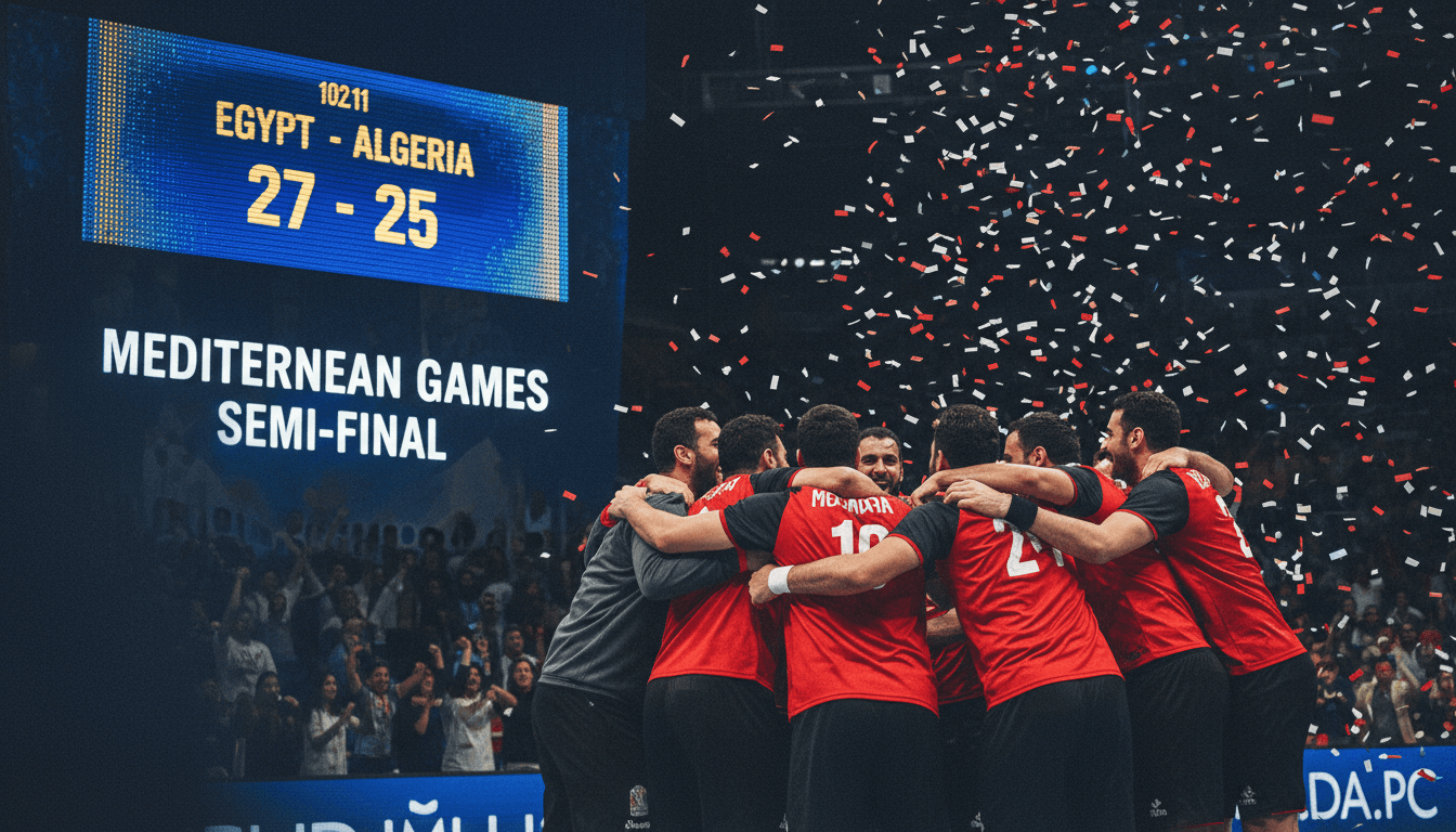 Egypt's handball team celebrating their semi-final victory at the Mediterranean Games, score 27-25 against Algeria.
