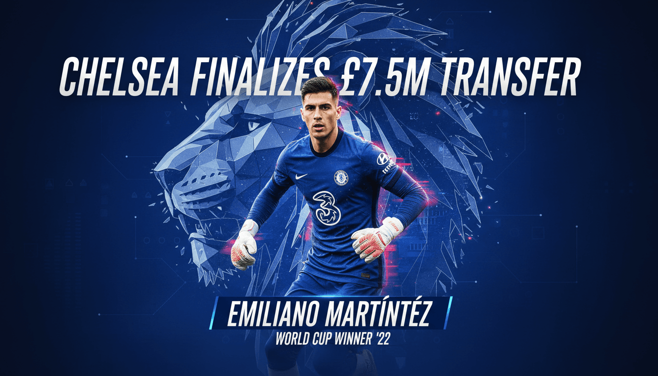 Emiliano Martínez in Chelsea kit, showcasing his transfer from Aston Villa for £7.5 million.