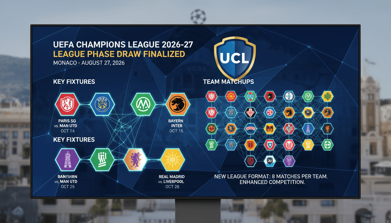 Infographic detailing the UEFA Champions League 2026-27 draw results and key fixtures.