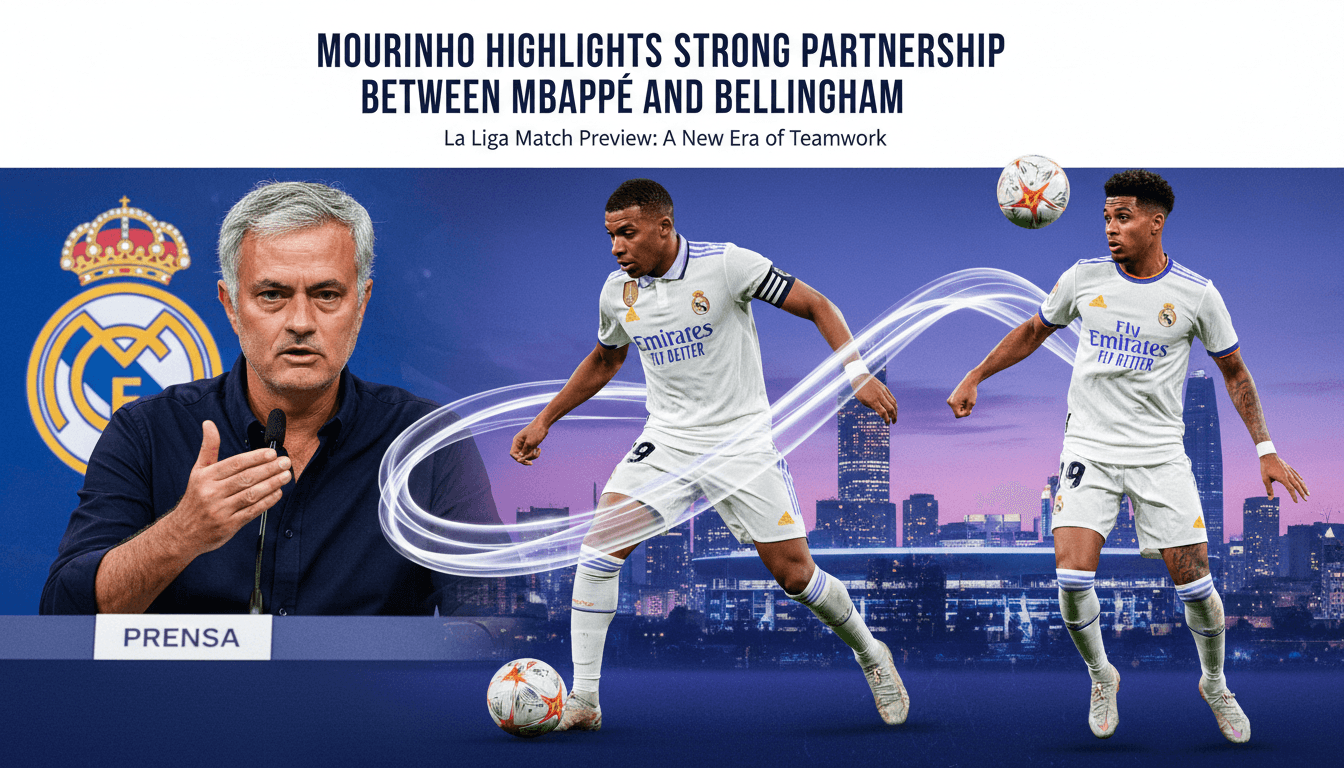 Mourinho discussing the exceptional chemistry between Mbappé and Bellingham at a press conference.