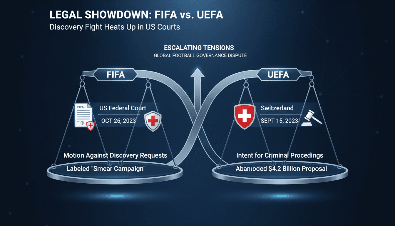 Infographic showing the timeline of FIFA and UEFA's legal dispute over the FIFA Forward Enterprise investment proposal.