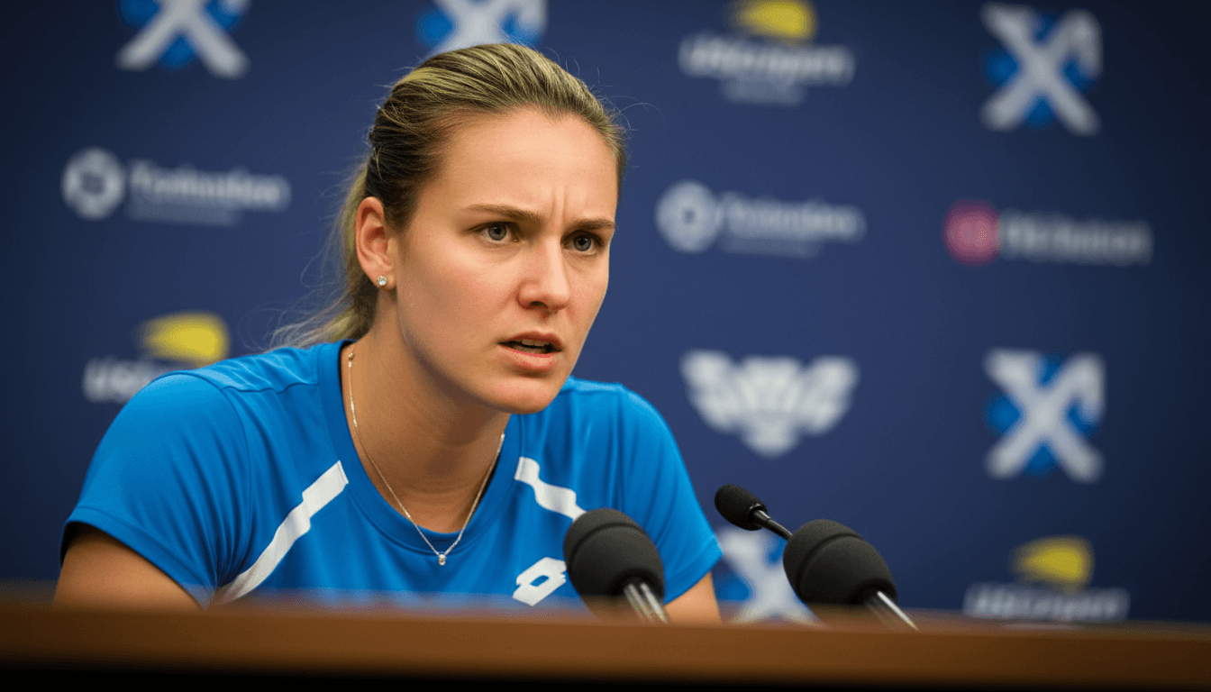 Aryna Sabalenka at a press conference, expressing frustration over media questions about her public persona.