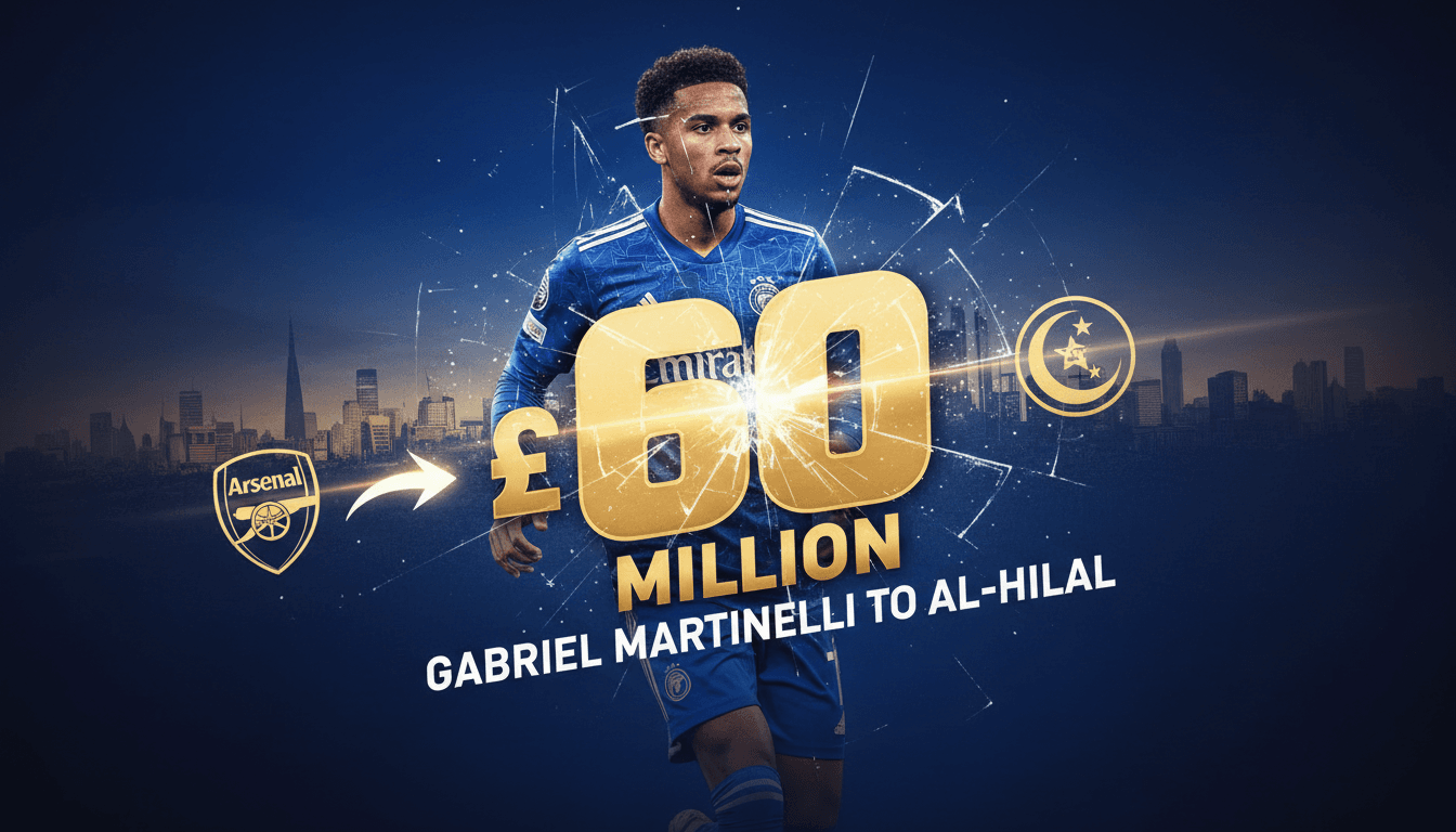 Gabriel Martinelli in Al-Hilal colors, highlighting his record £60 million transfer from Arsenal.