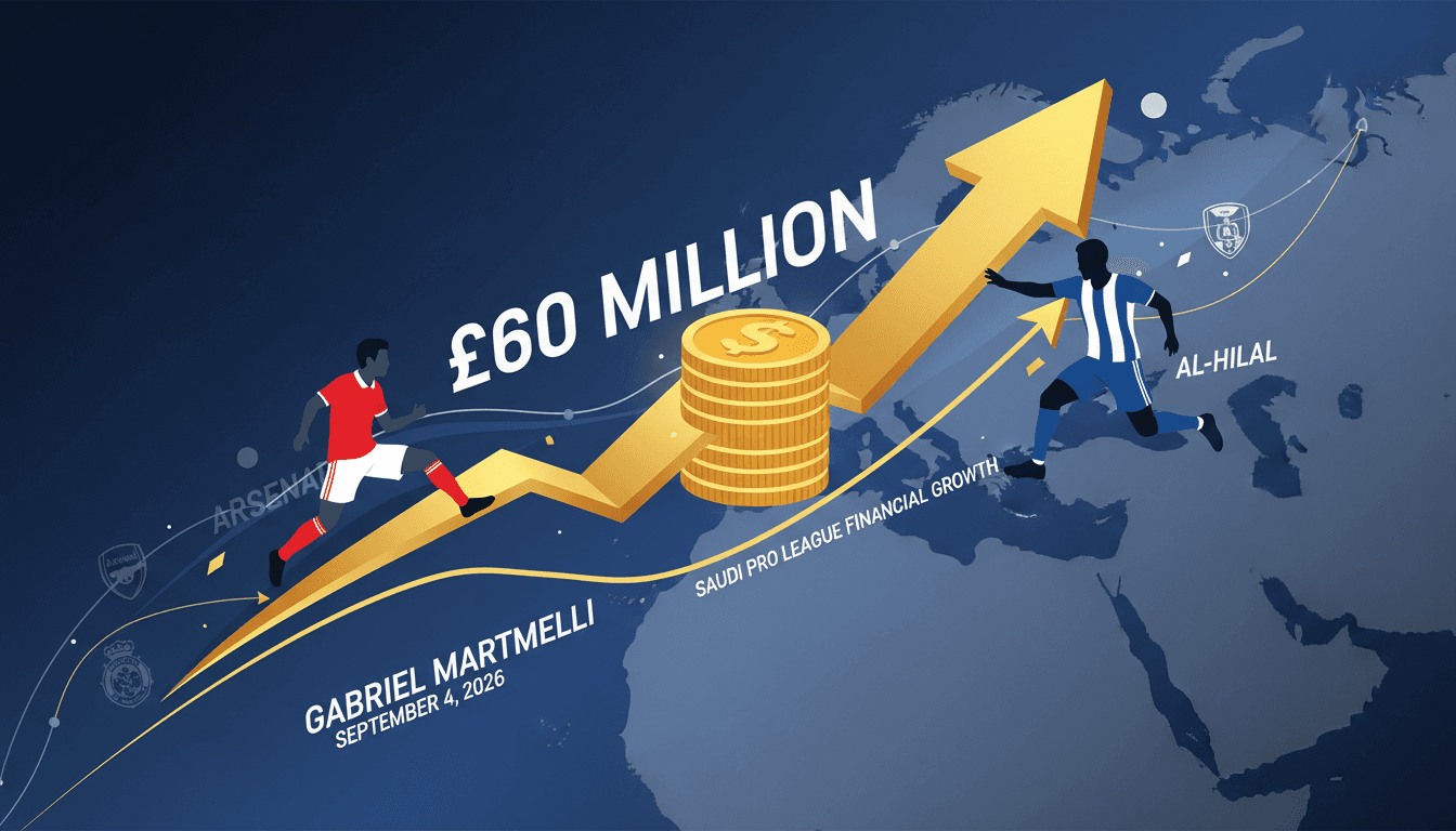 A dynamic image showcasing Gabriel Martinelli in Al-Hilal colors, symbolizing the rise of Saudi football investment.