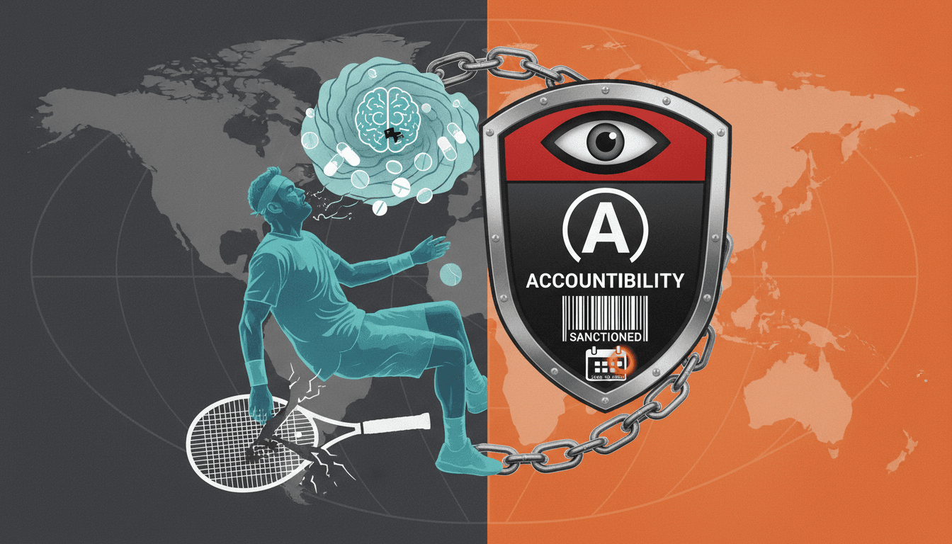 A graphic depicting Nick Kyrgios' suspension and its implications for athlete wellness and accountability.