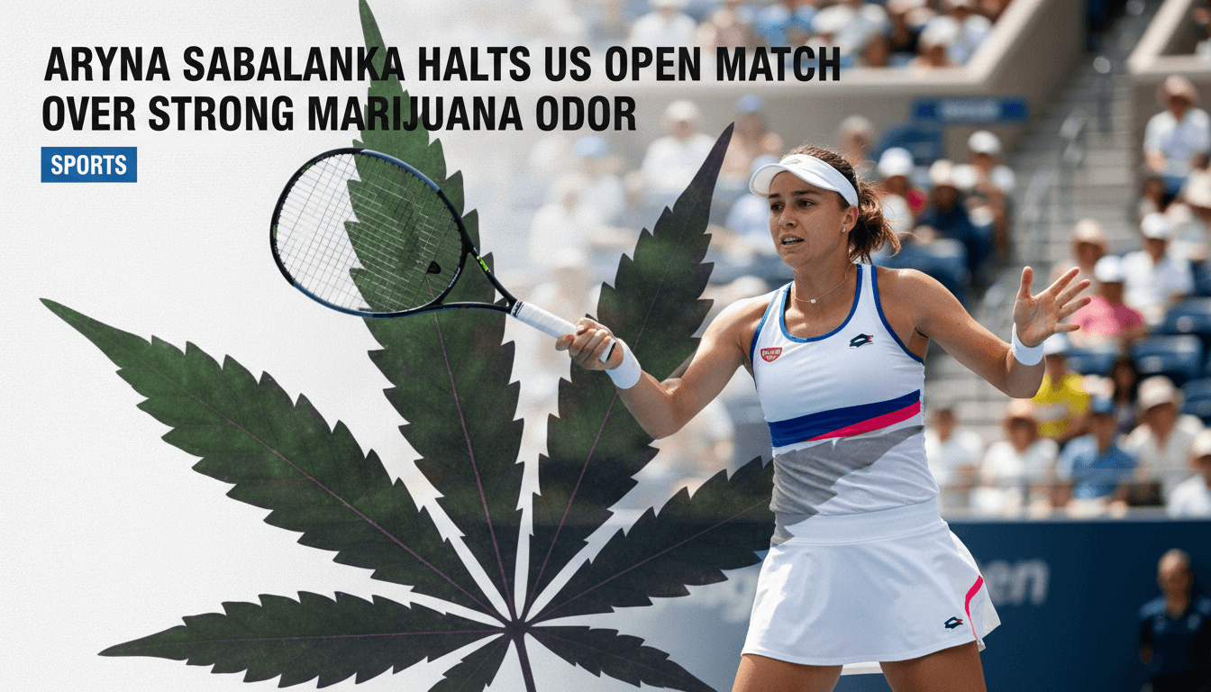 Aryna Sabalenka on the court during her US Open match, with a cannabis leaf overlay highlighting the incident.