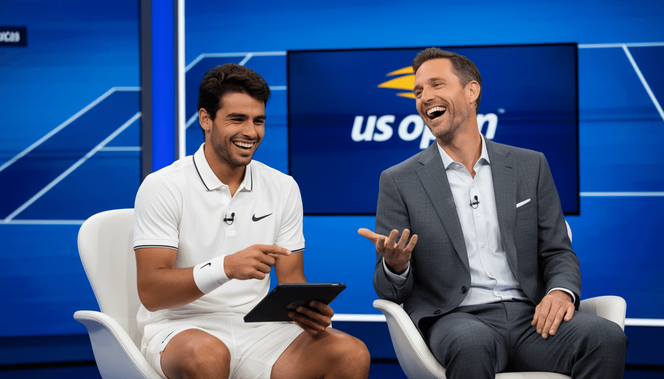 Carlos Alcaraz and Andy Roddick laughing during a live ESPN interview about the US Open draw.