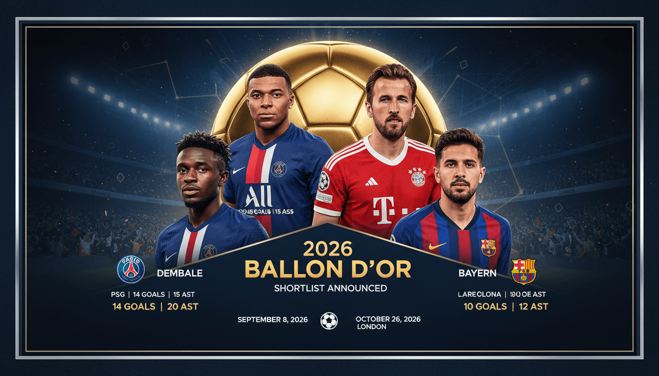Graphic showcasing the 2026 Ballon d'Or nominees Dembele, Mbappe, Kane, and Yamal with their club logos and stats.