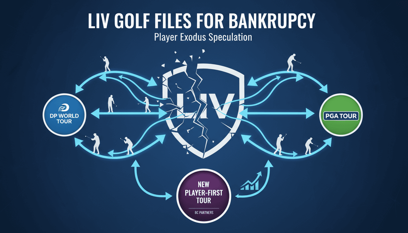 Infographic showing player movements between LIV Golf, DP World Tour, and PGA Tour after bankruptcy filing.
