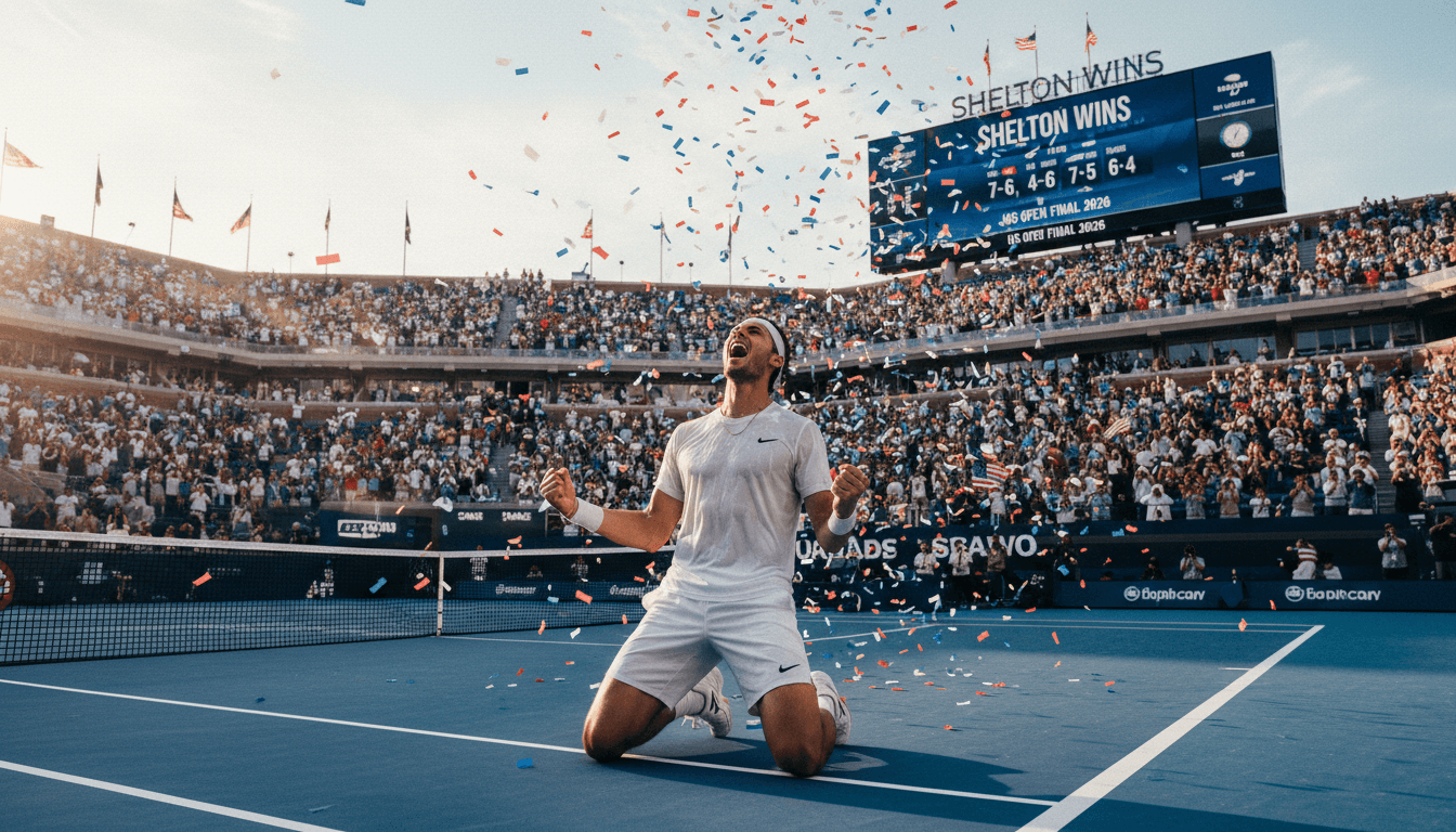 Ben Shelton celebrating a victory at the US Open, representing the rise of American tennis talent.