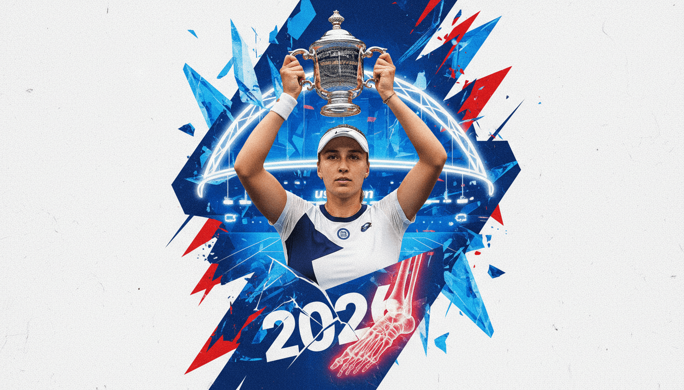 Elena Rybakina celebrating her 2026 US Open victory while managing a chronic foot injury.
