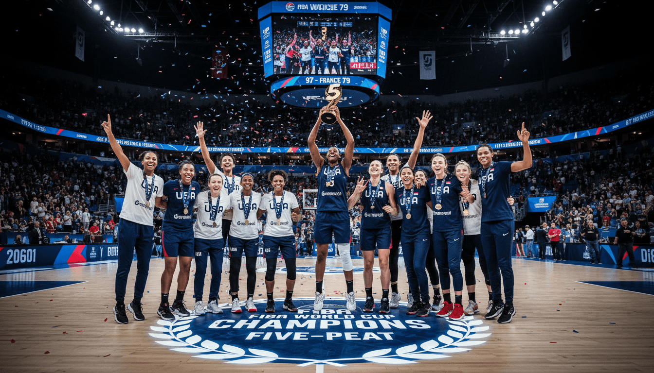 U.S. women's basketball team celebrating their fifth World Cup title, highlighting female empowerment in sports.