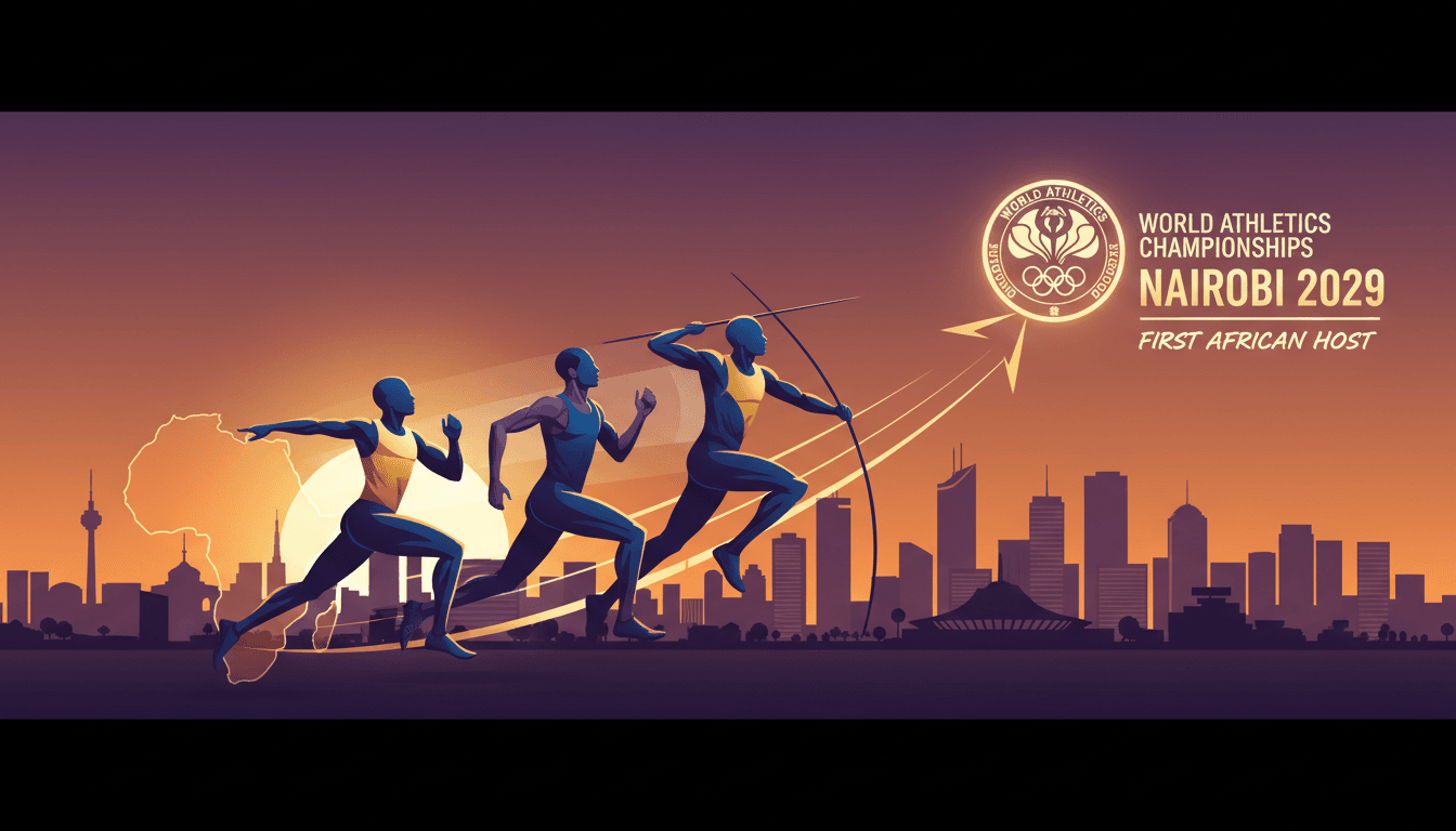 Nairobi skyline with athletic imagery, promoting the 2029 World Athletics Championships.