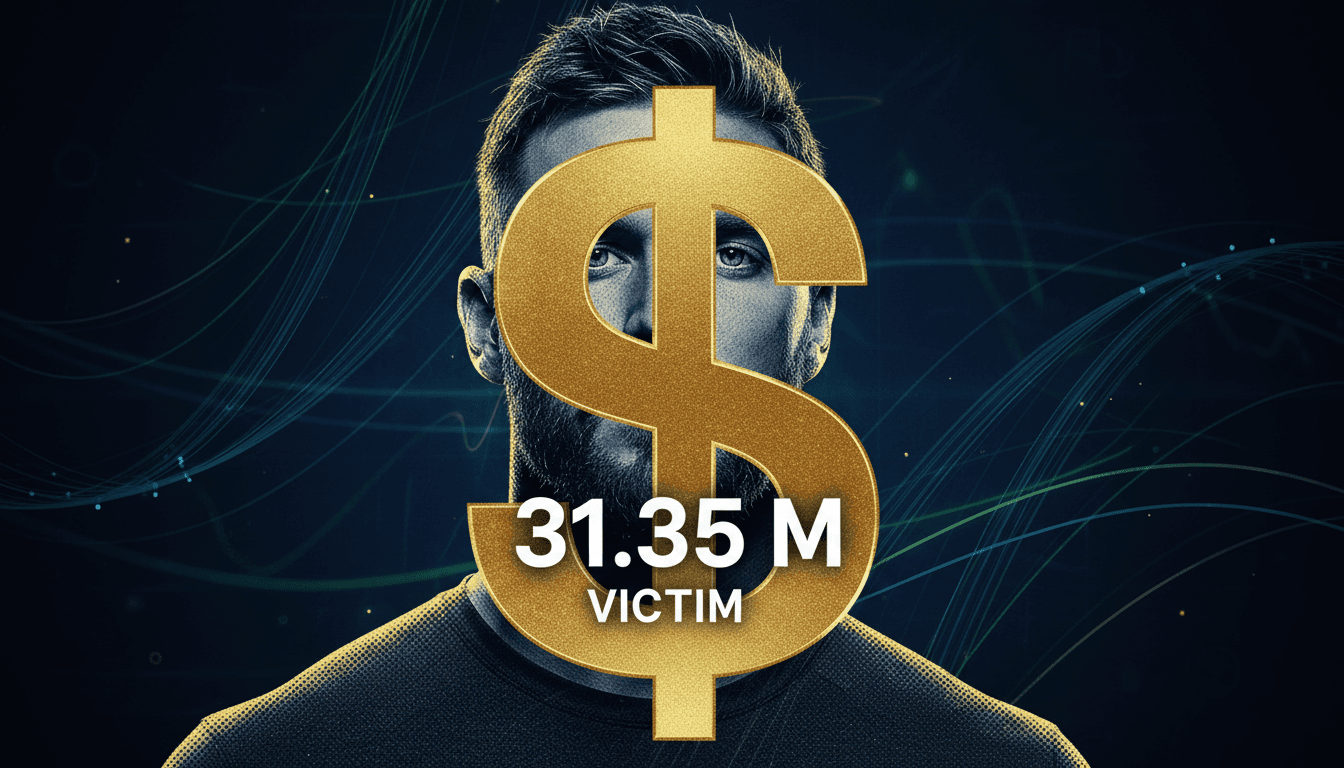Travis Kelce with a dollar sign overlay, highlighting the $31.35 million restitution in a Ponzi scheme.