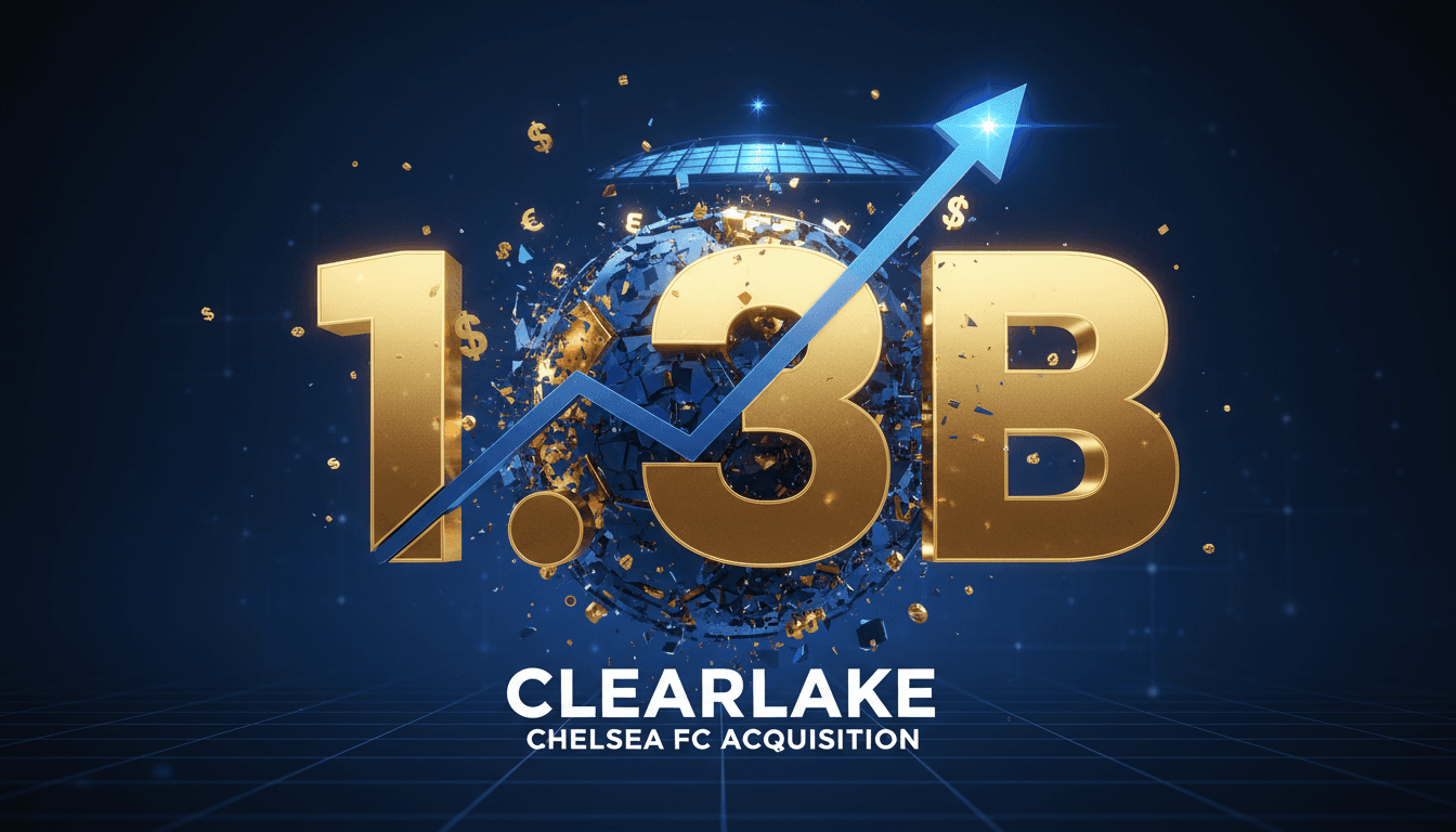 Graphic illustrating Clearlake Capital's $1.3 billion acquisition of Chelsea FC, highlighting the financial impact on sports ownership.
