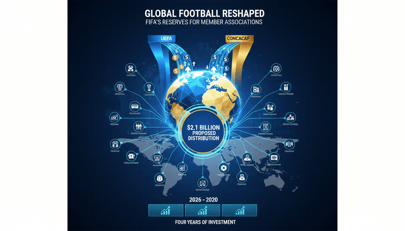 Infographic showing UEFA and CONCACAF's demand for $2.1 billion from FIFA's reserves and its impact on member associations.