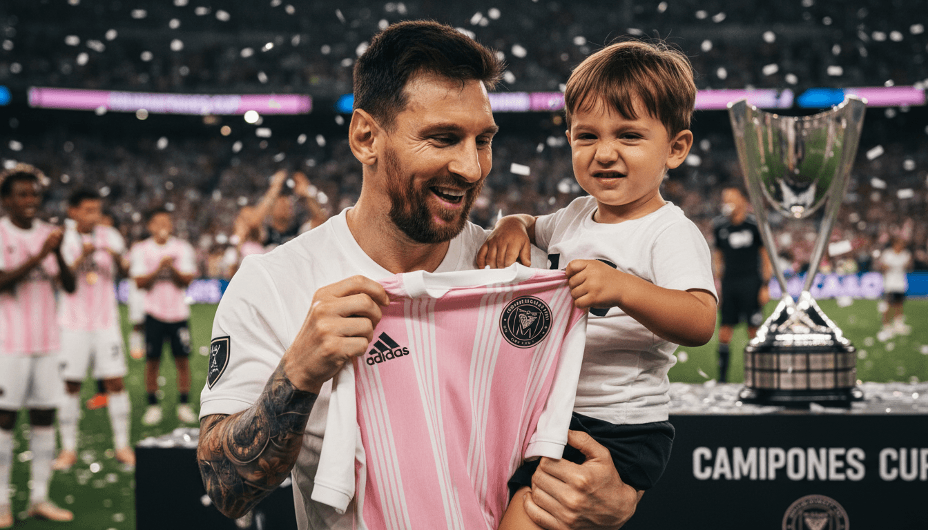 Ciro Messi reacting to his father's sweat-soaked jersey after Inter Miami's Campeones Cup victory.